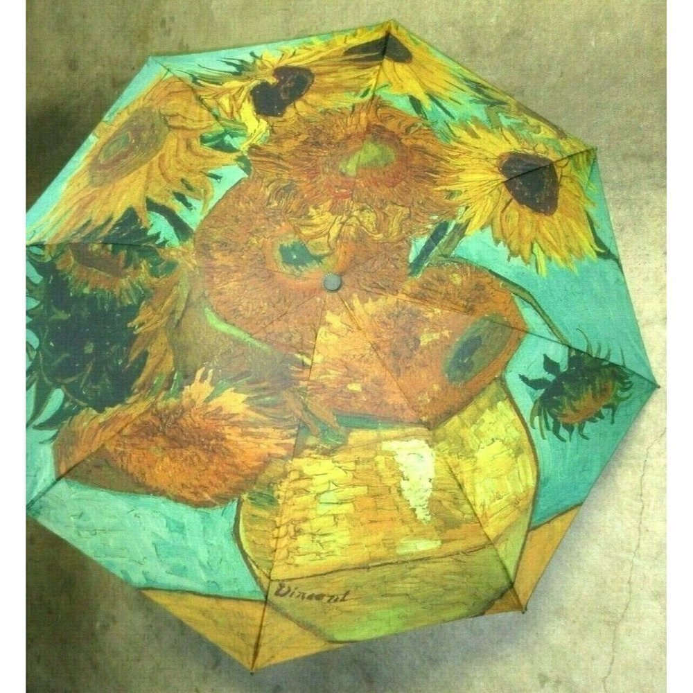 Sunflowers Van Gogh Print Compact Travel Rain Umbrella Unisex Gold Turquoise NWT - Picture 5 of 7